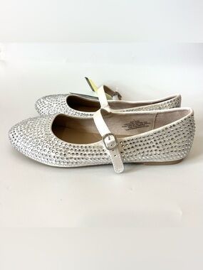 Girls Size 5 Rhinestone Mary Jane Flats White Sparkle Dress Shoes Party
